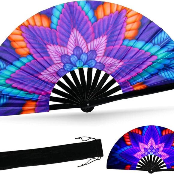 Folding Hand Fan for Rave, UV Glow Fan, Large Bamboo Fan for Drag Queen, Women a - Picture 8 of 8